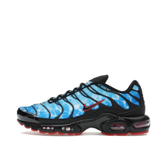 Nike Air Max Plus Shark Attack, side view, ocean-inspired design with red Swoosh and fins.