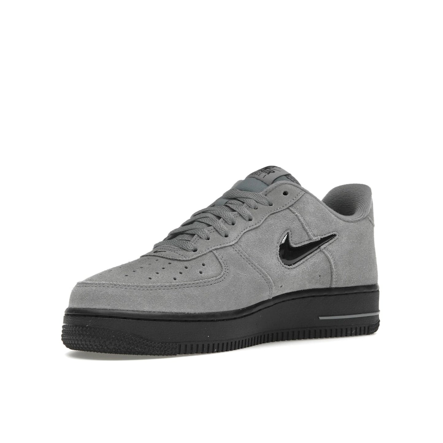 Nike Air Force 1 ’07 Low Jewel sneakers, front view, in cool grey with black swoosh.