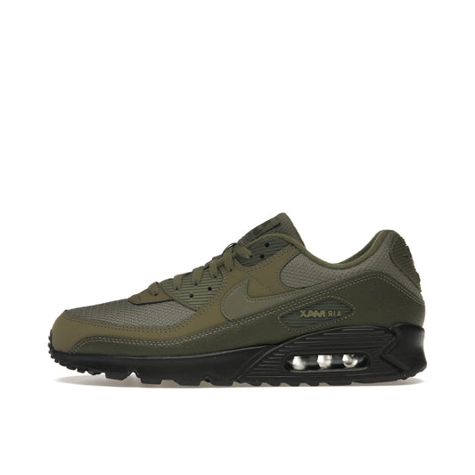 Nike Air Max 90 Reflective Swoosh sneakers, side view, in medium olive with reflective details.