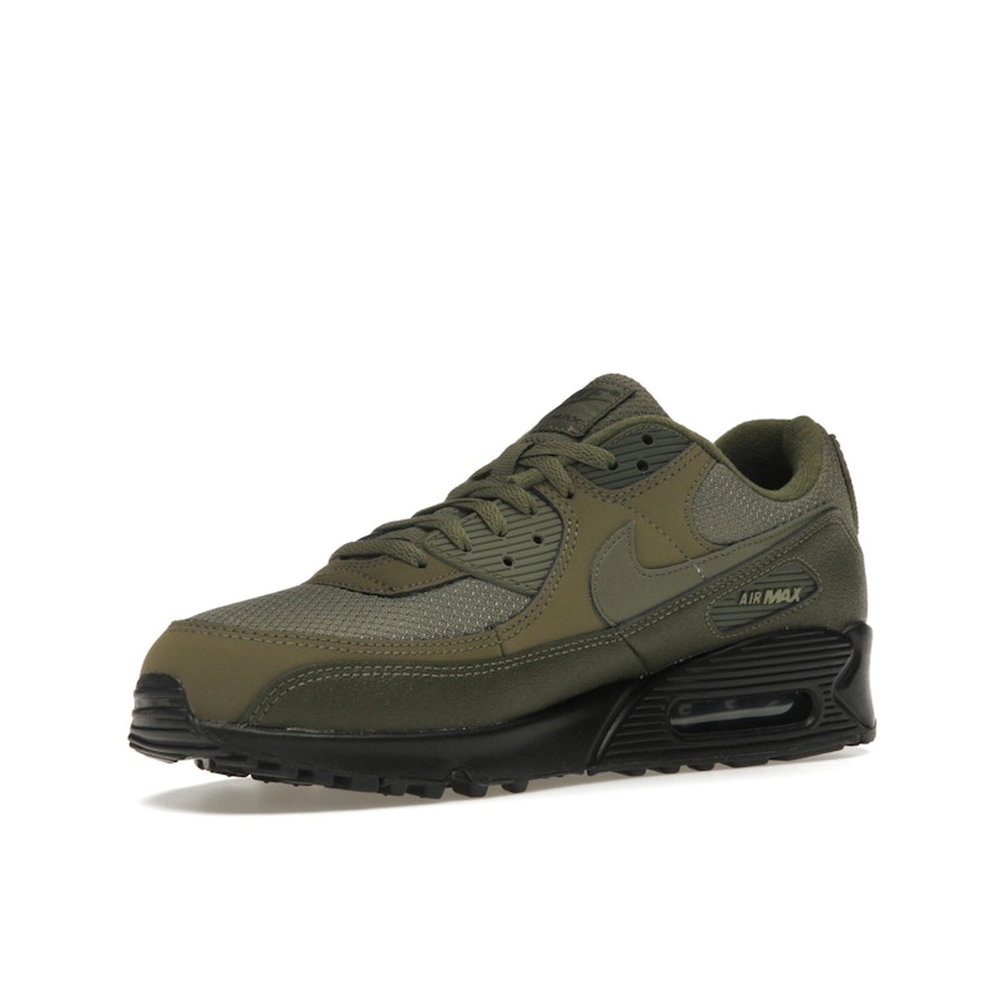 Nike Air Max 90 Reflective Swoosh sneakers, front view, in medium olive with reflective details.