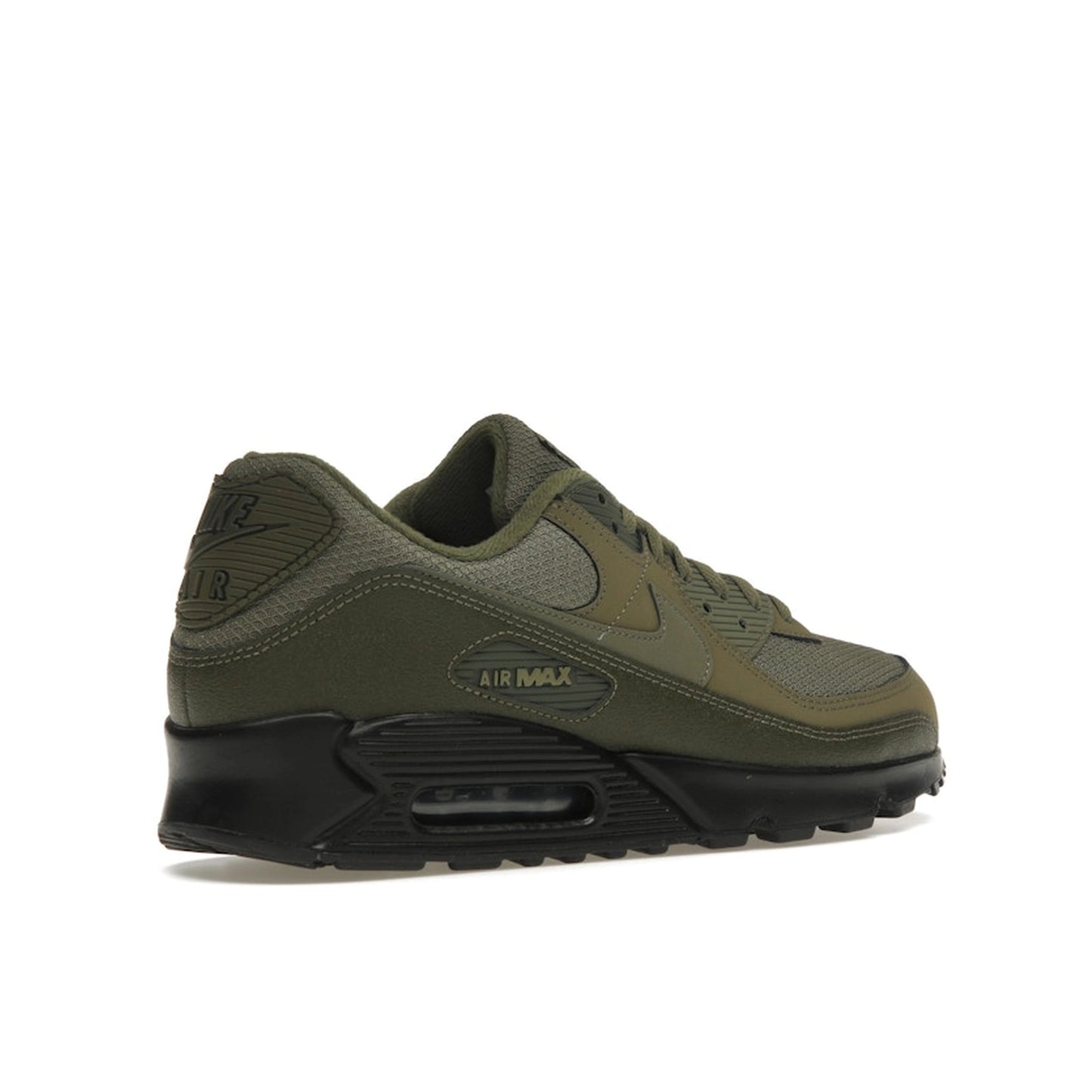 Nike Air Max 90 Reflective Swoosh sneakers, back view, in medium olive with reflective details.