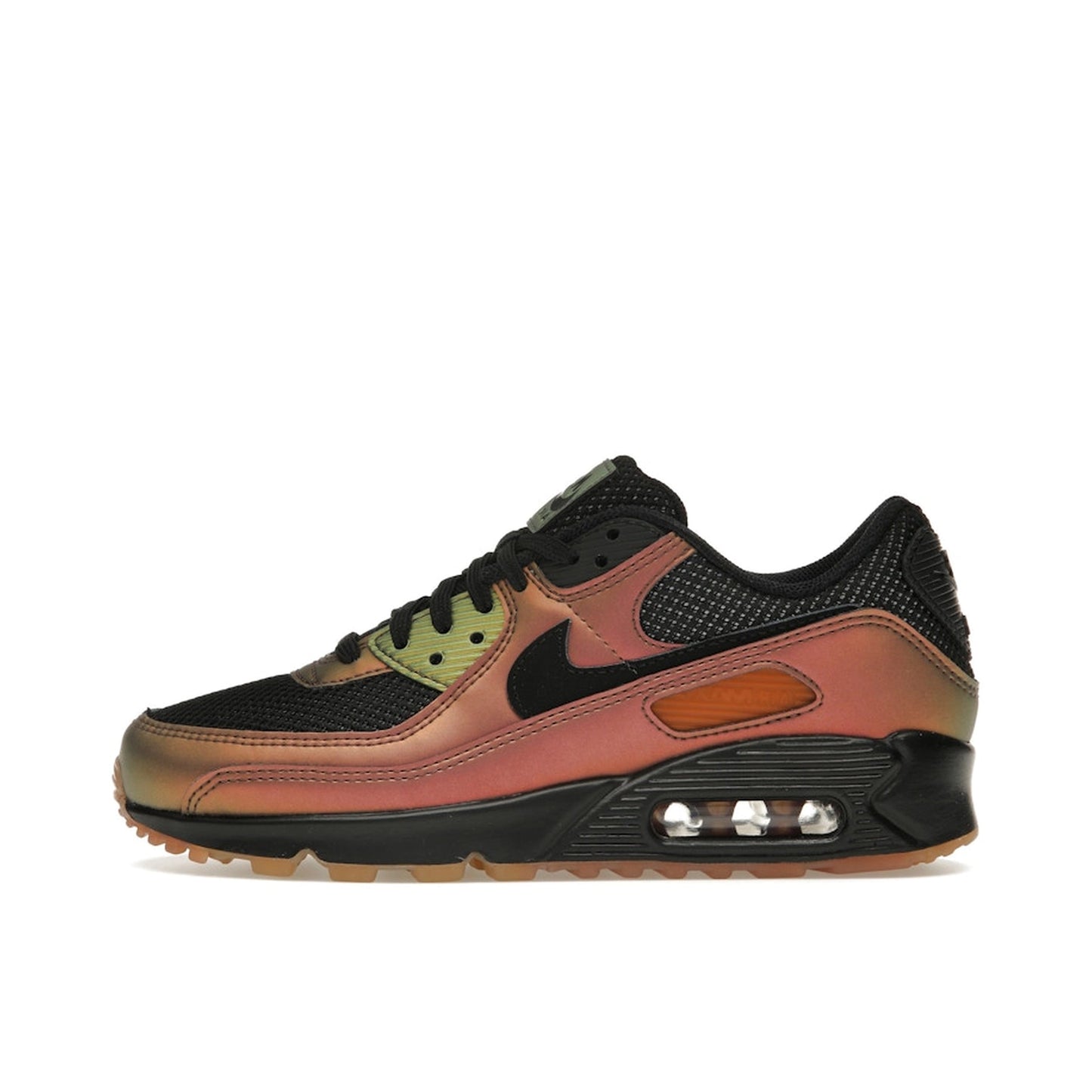 Nike Air Max 90 sneakers, side view, in black with premium metallic copper details.