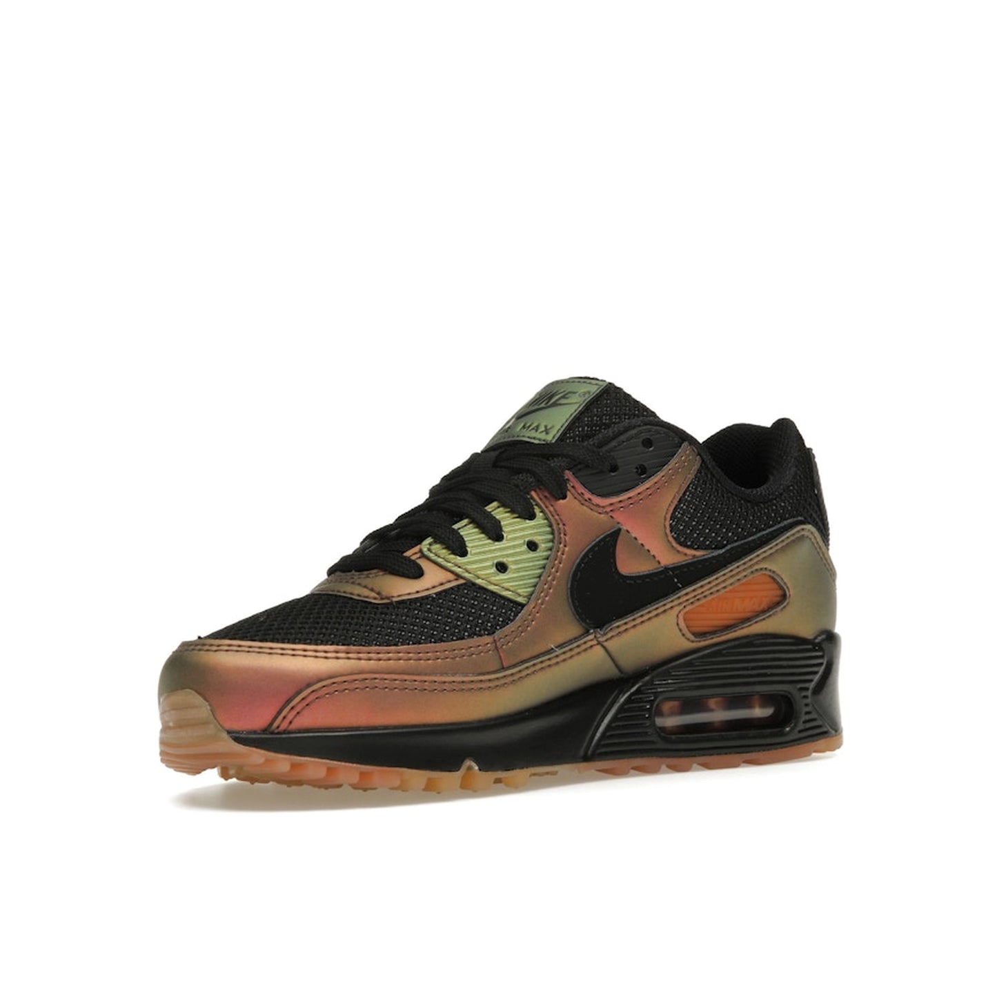 Nike Air Max 90 sneakers, front view, in black with premium metallic copper details.