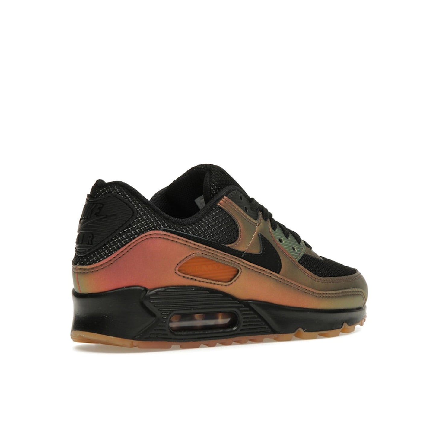 Nike Air Max 90 sneakers, back view, in black with premium metallic copper details.