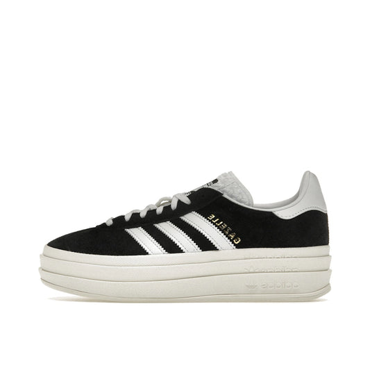 adidas Gazelle Bold Women’s sneakers, side view, in core black with cloud white stripes and platform sole.