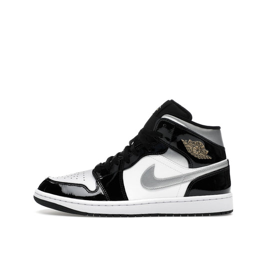 Jordan 1 Mid SE Patent sneakers, side view, in black, white, silver, and gold patent leather.