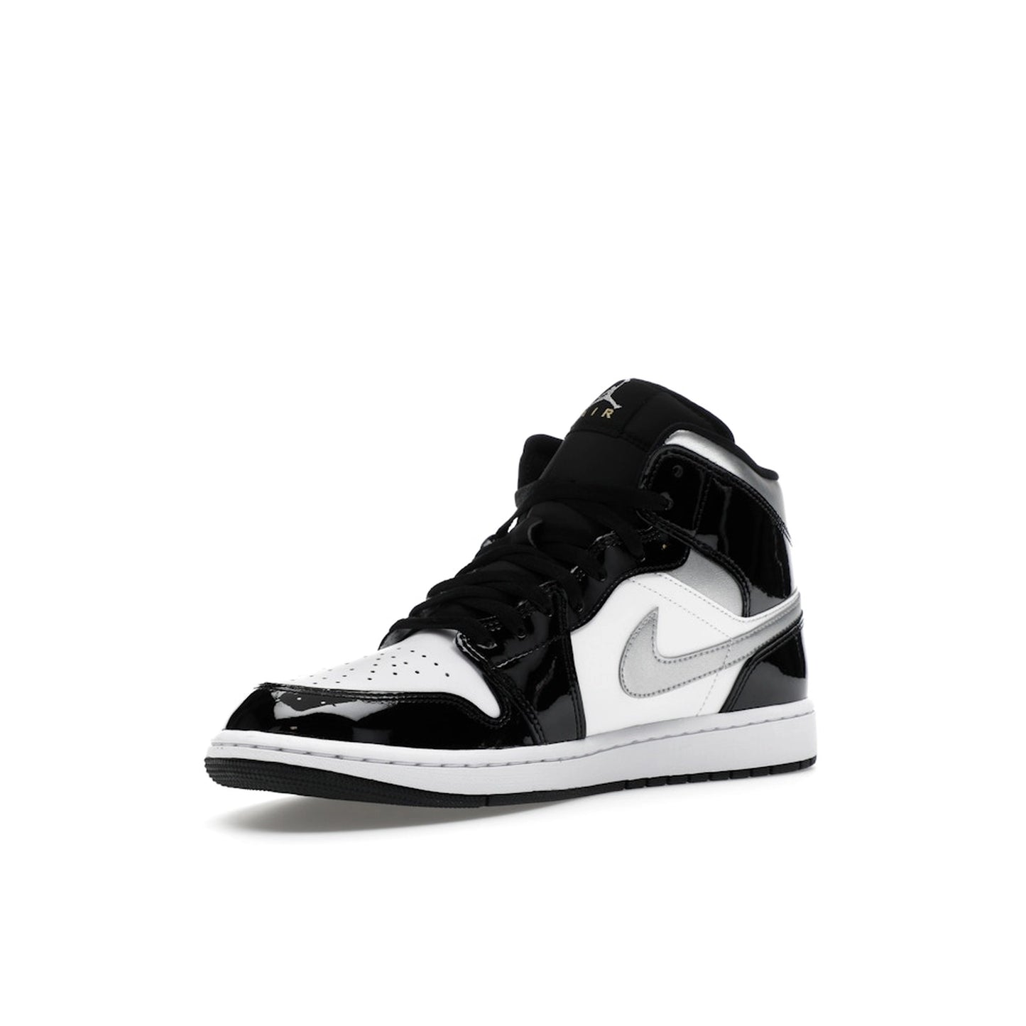 Jordan 1 Mid SE Patent sneakers, front view, in black, white, silver, and gold patent leather.