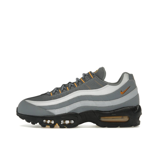 Nike Air Max 95 Cool Grey Sundial, side view, in layered grey tones with vibrant yellow accents.