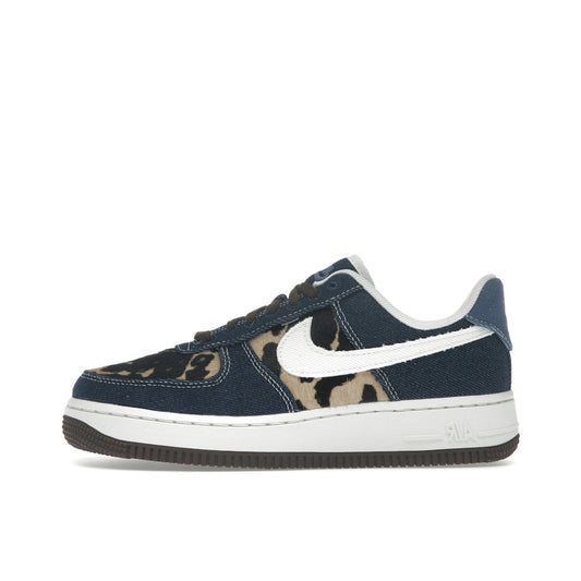 Nike Air Force 1 Low Cheetah Blue Denim (Women’s), side view, patchwork denim with wild animal print details.