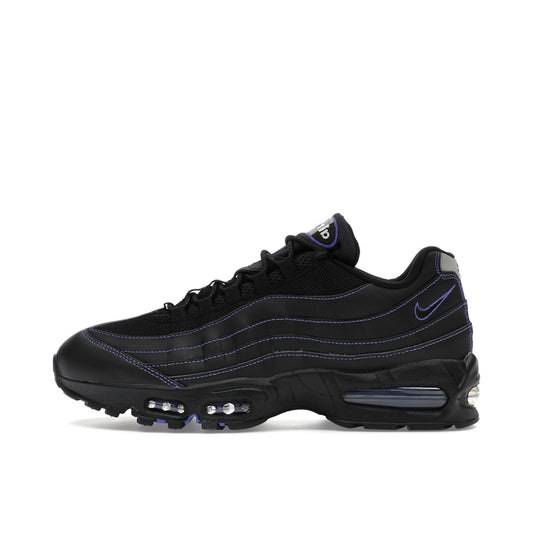 Nike Air Max 95 OG Big Bubble Black Persian Violet, side view, in layered black with violet accents.