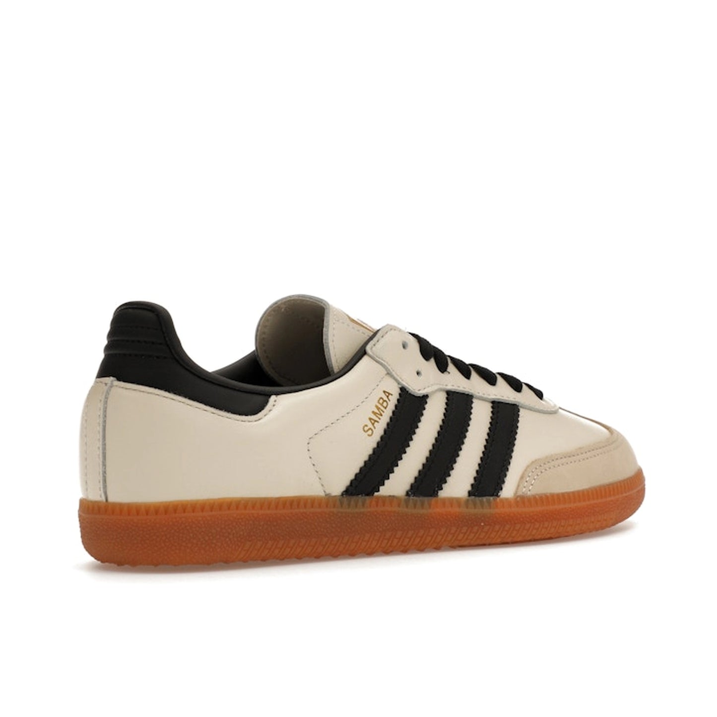 adidas Samba OG Cream White Sand Strata, back view, in cream leather with sand suede overlays.