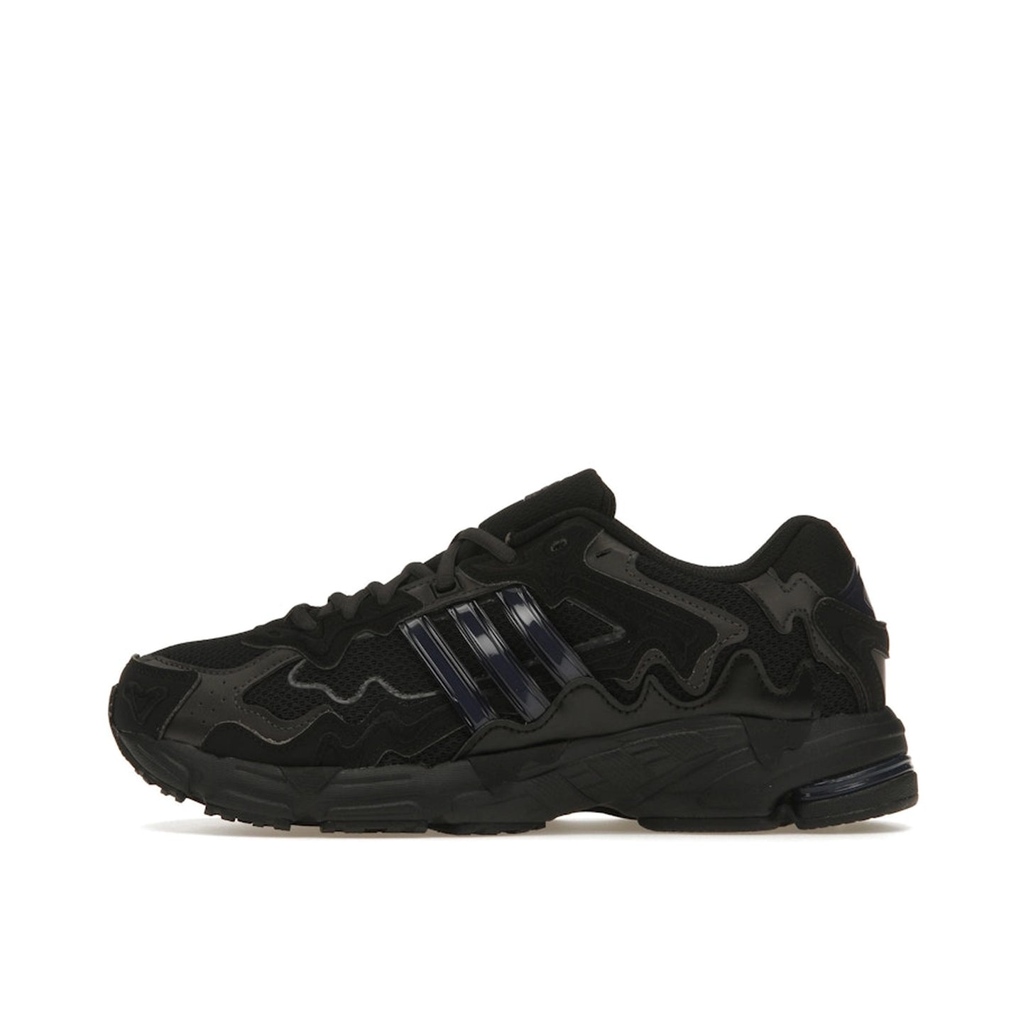 adidas Response CL Bad Bunny Triple Black sneakers, side view, in all-black with layered design.