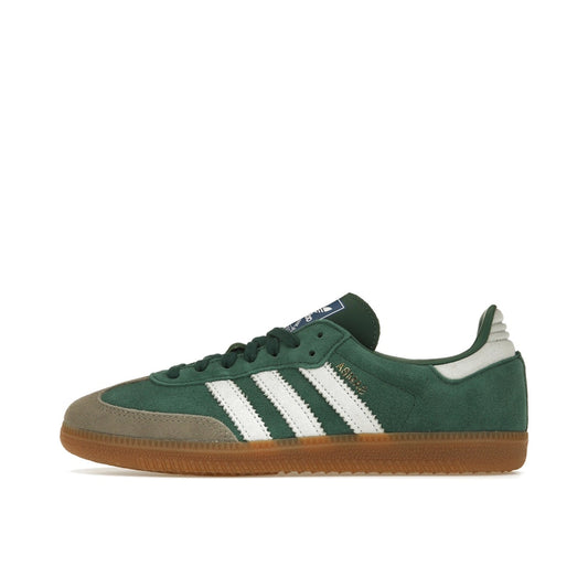 Adidas Samba OG sneakers, side view, model ID2054, collegiate green with gum sole and grey toe accents.