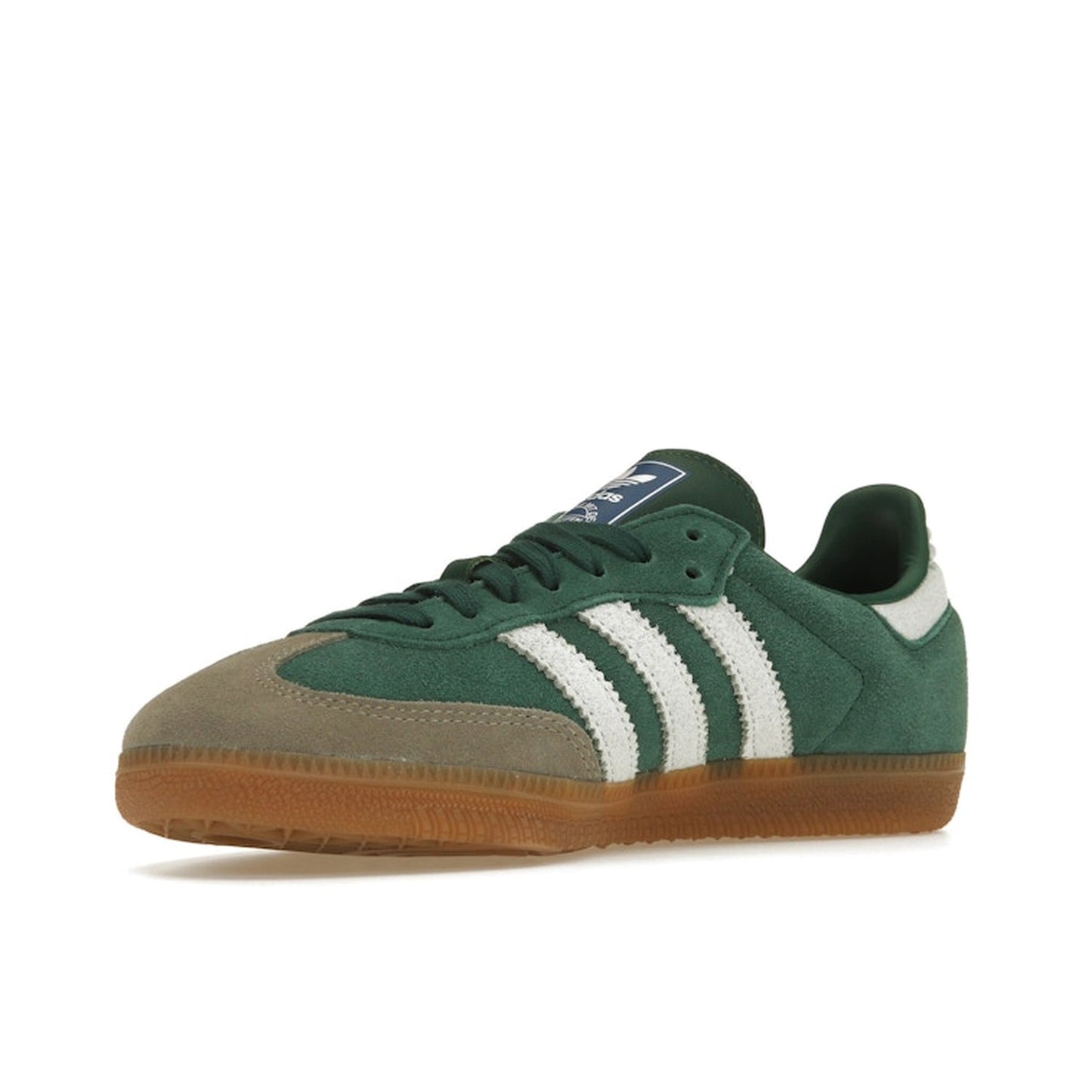 Adidas Samba OG sneakers, front view, model ID2054, collegiate green with gum sole and grey toe accents.