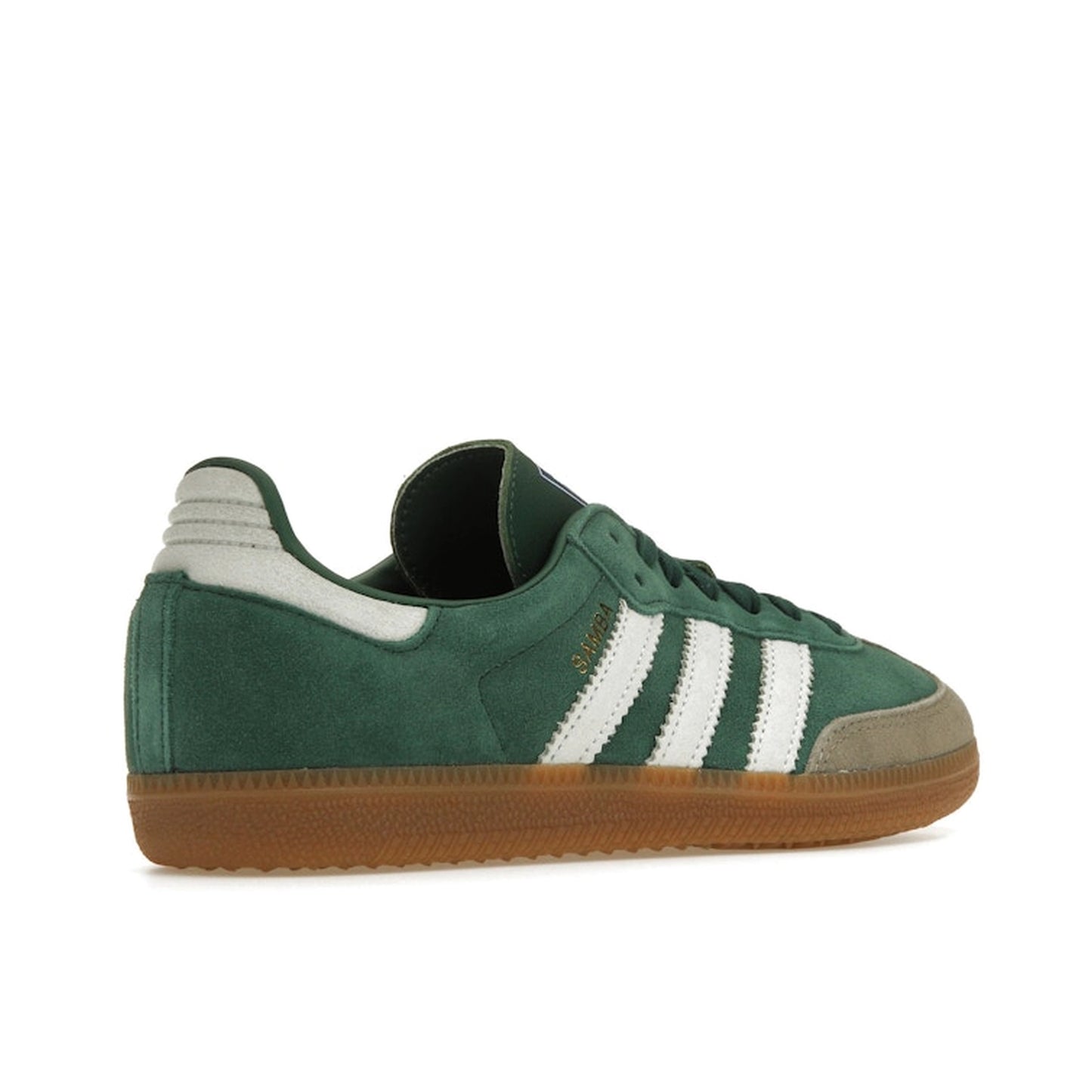 Adidas Samba OG sneakers, back view, model ID2054, collegiate green with gum sole and grey toe accents.