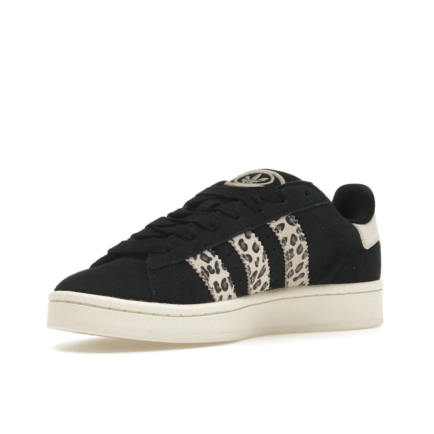 Adidas Campus 00s sneakers, front view, model ID7039, in black with leopard stripes.