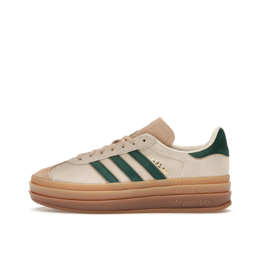 adidas Gazelle Bold Women’s sneakers, side view, in magic beige with collegiate green stripes.