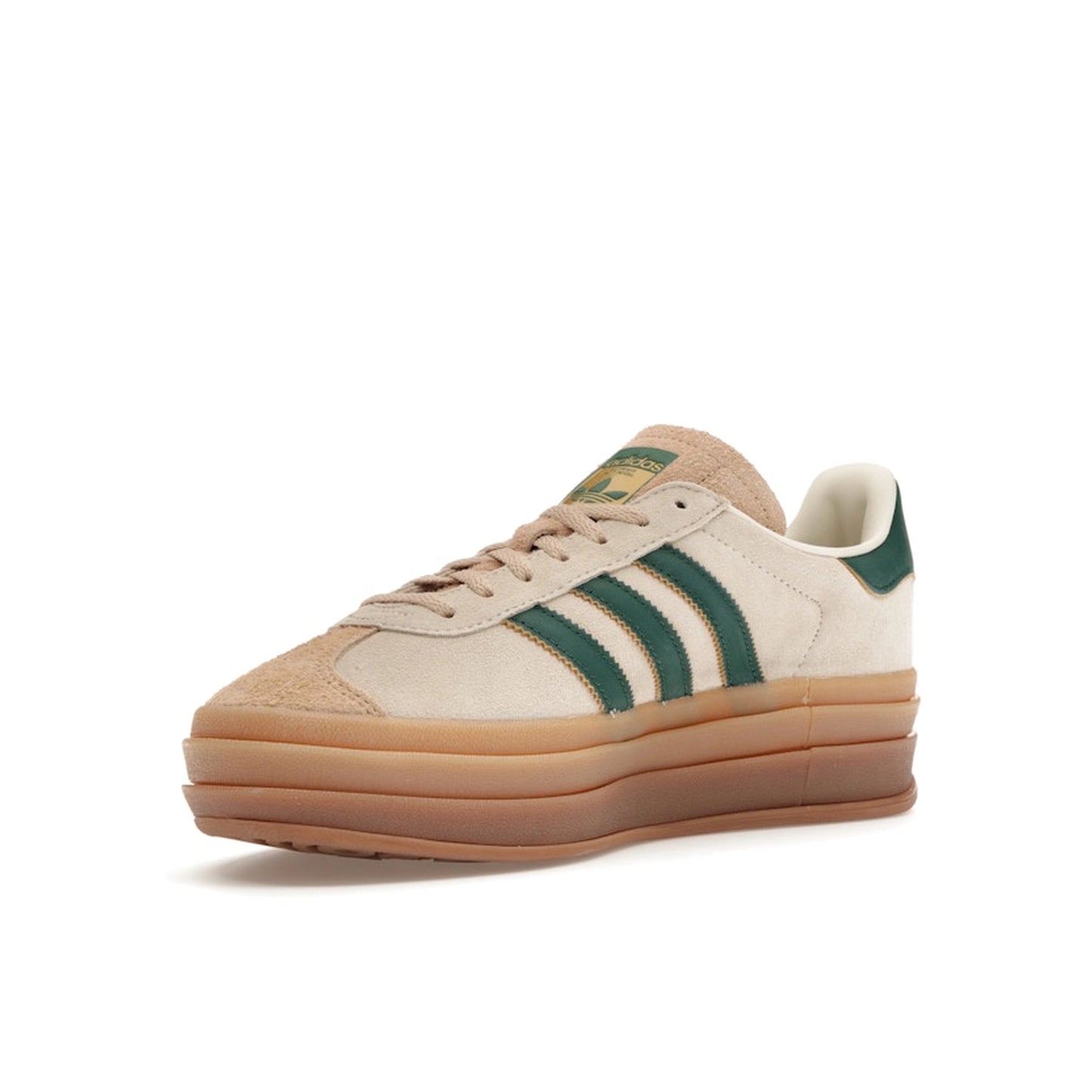 adidas Gazelle Bold Women’s sneakers, front view, in magic beige with collegiate green stripes.