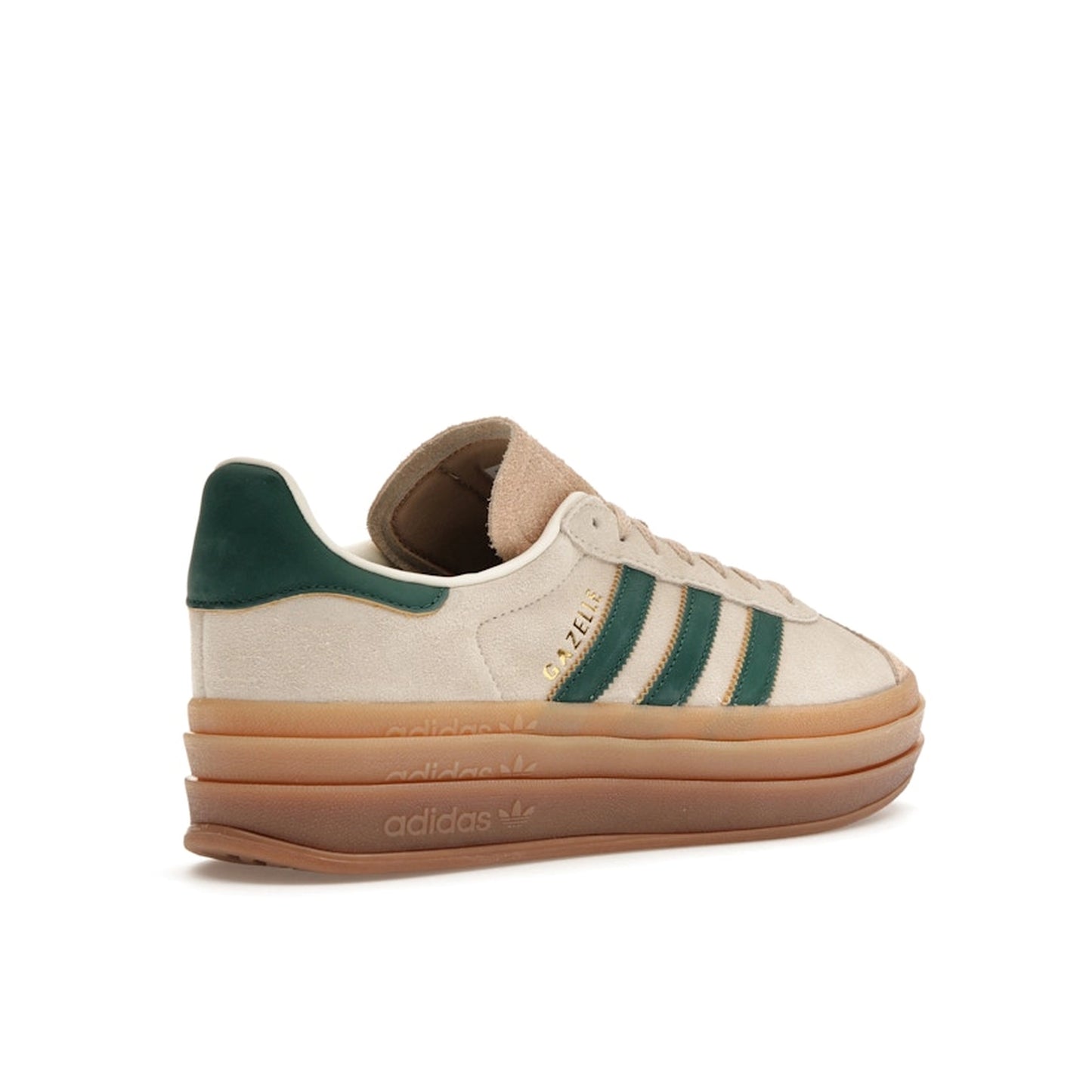 adidas Gazelle Bold Women’s sneakers, back view, in magic beige with collegiate green stripes.