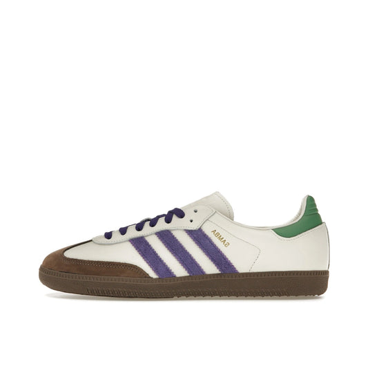 Adidas Samba OG sneakers, side view, model ID8349, off white with core purple, green, and brown accents.