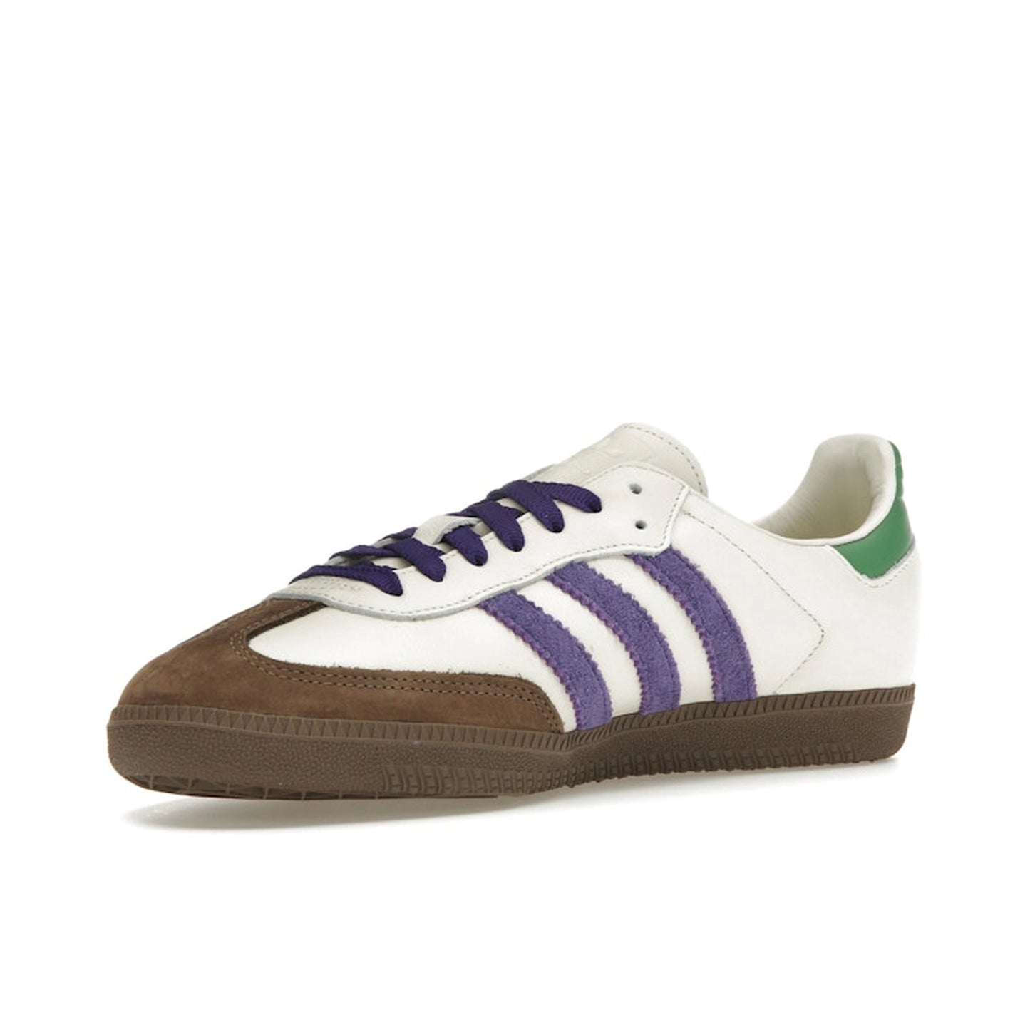 Adidas Samba OG sneakers, front view, model ID8349, off white with core purple, green, and brown accents.