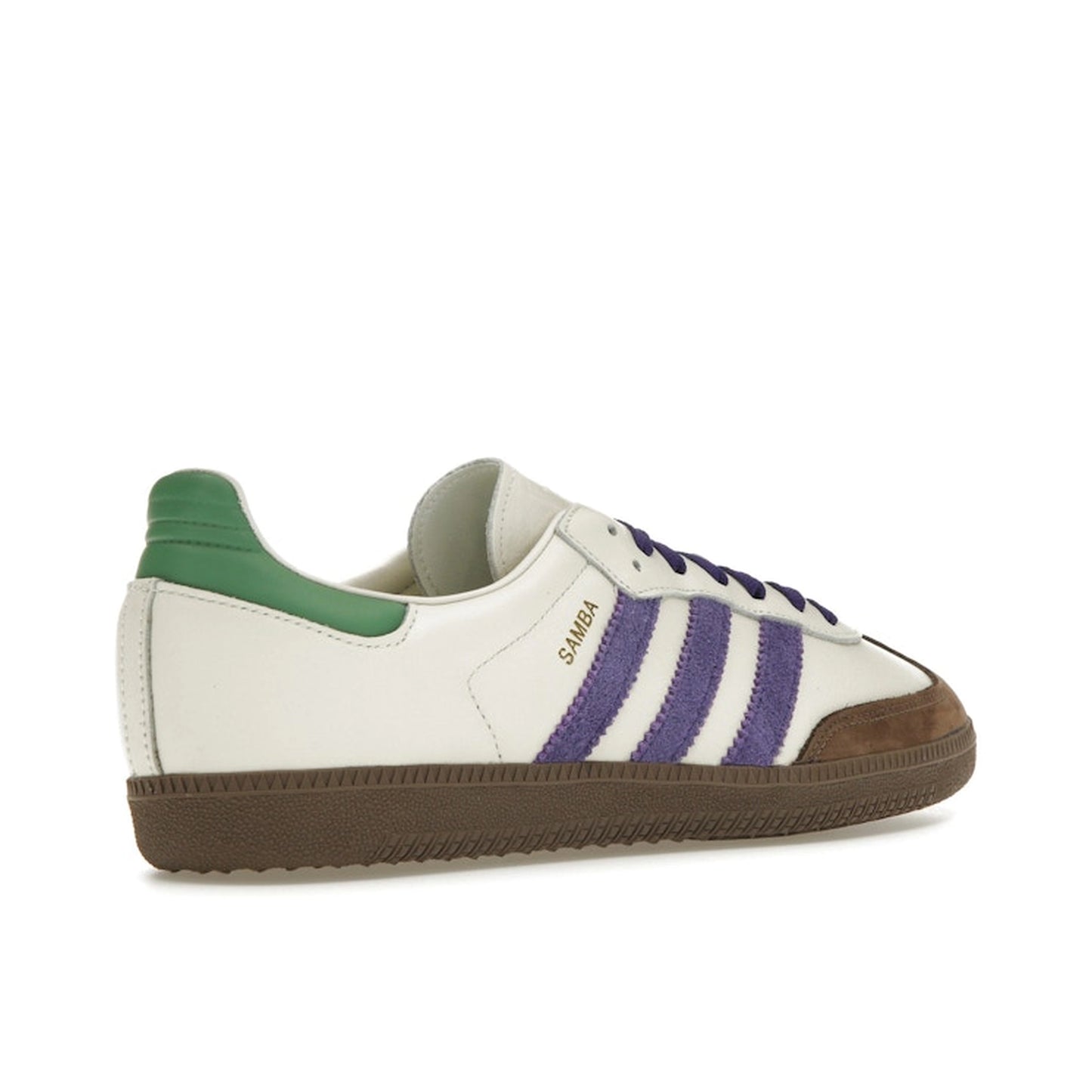 Adidas Samba OG sneakers, back view, model ID8349, off white with core purple, green, and brown accents.