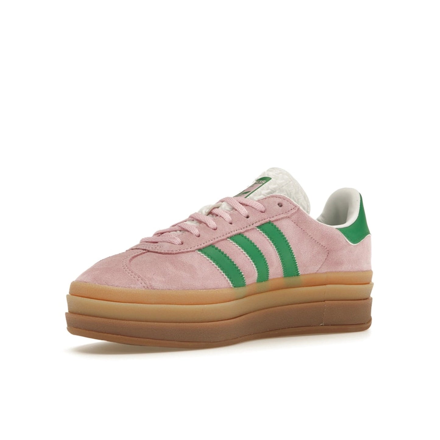 adidas Gazelle Bold Women’s sneakers, front view, in true pink with green stripes and platform sole.