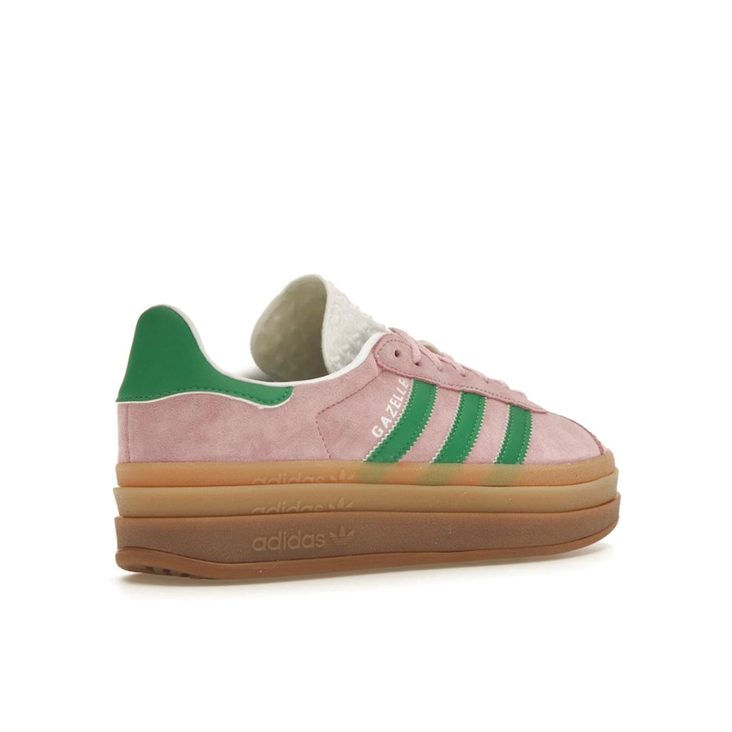 adidas Gazelle Bold Women’s sneakers, back view, in true pink with green stripes and platform sole.