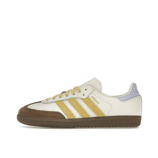 Adidas Samba OG sneakers, side view, model IE0875, off white with violet tones and yellow suede accents.