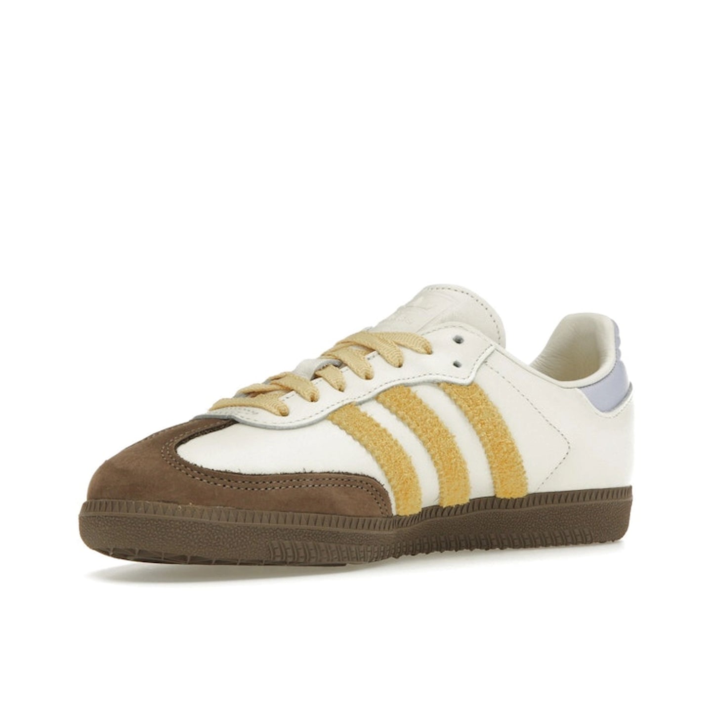 Adidas Samba OG sneakers, front view, model IE0875, off white with violet tones and yellow suede accents.