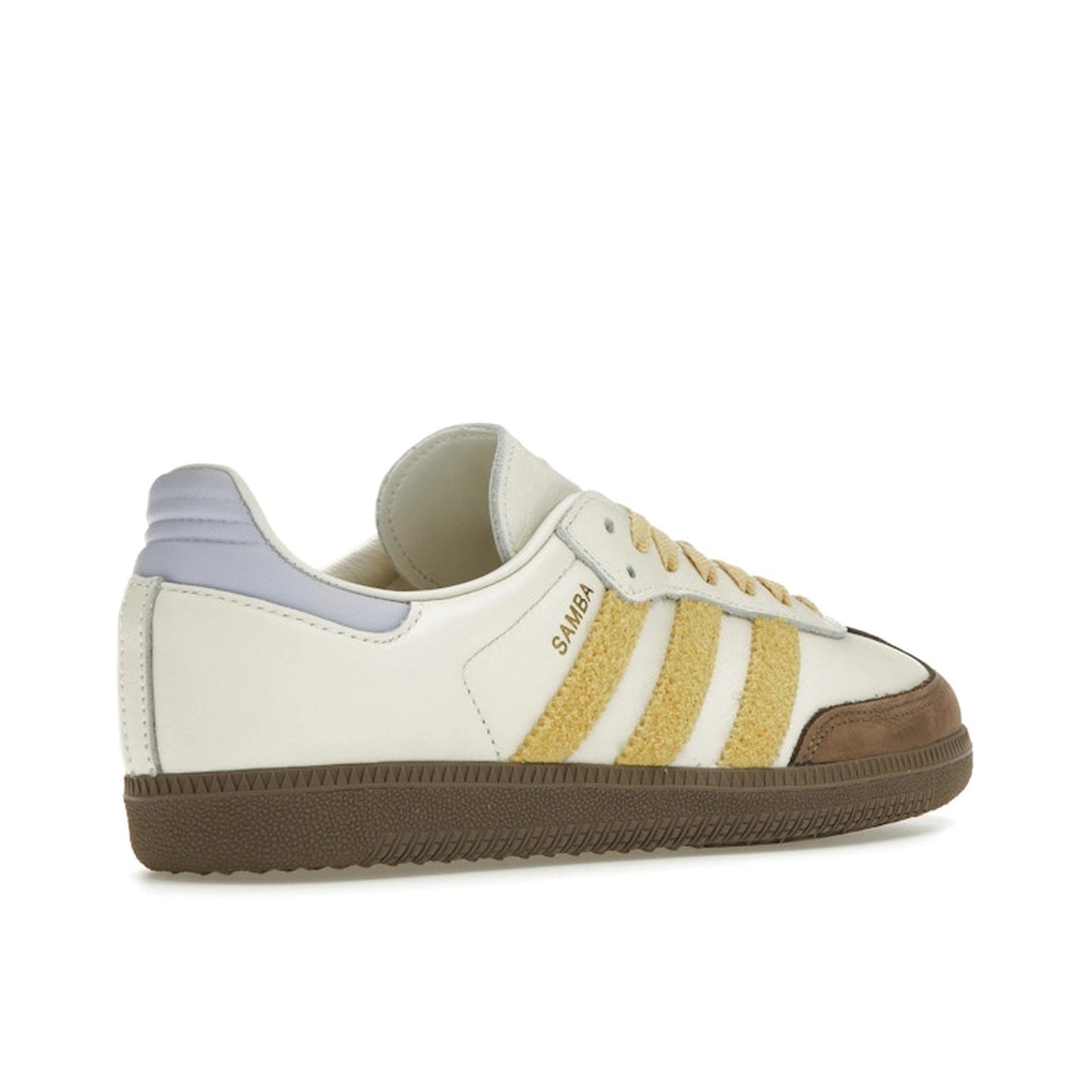 Adidas Samba OG sneakers, back view, model IE0875, off white with violet tones and yellow suede accents.