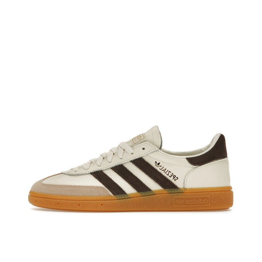 Adidas Handball Spezial sneakers, side view, model IE3709, in off-white with dark brown accents.