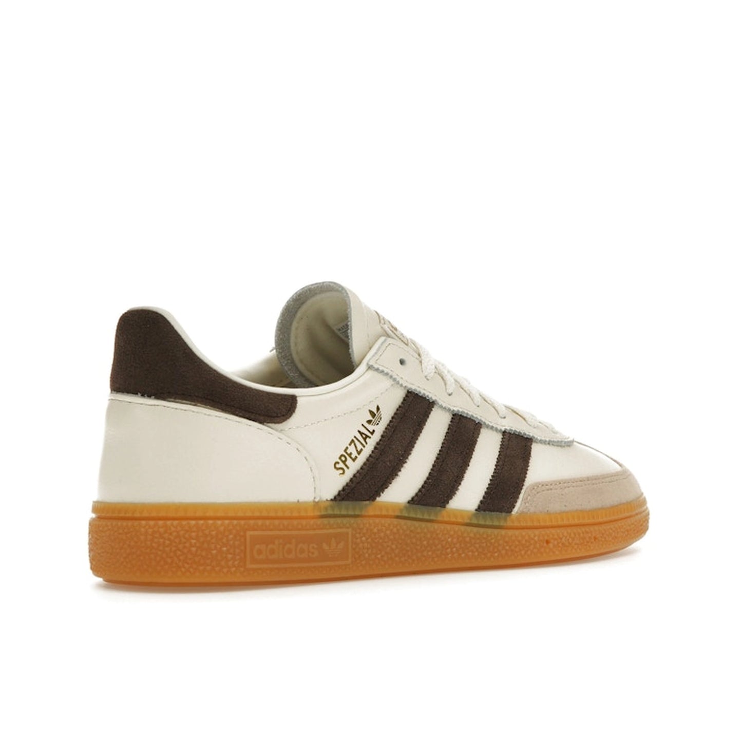 Adidas Handball Spezial sneakers, back view, model IE3709, in off-white with dark brown accents.