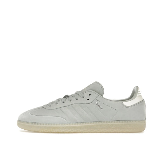 Adidas Samba Wonder Silver sneakers, side view, model IE4957, light silver with white and gum sole accents.
