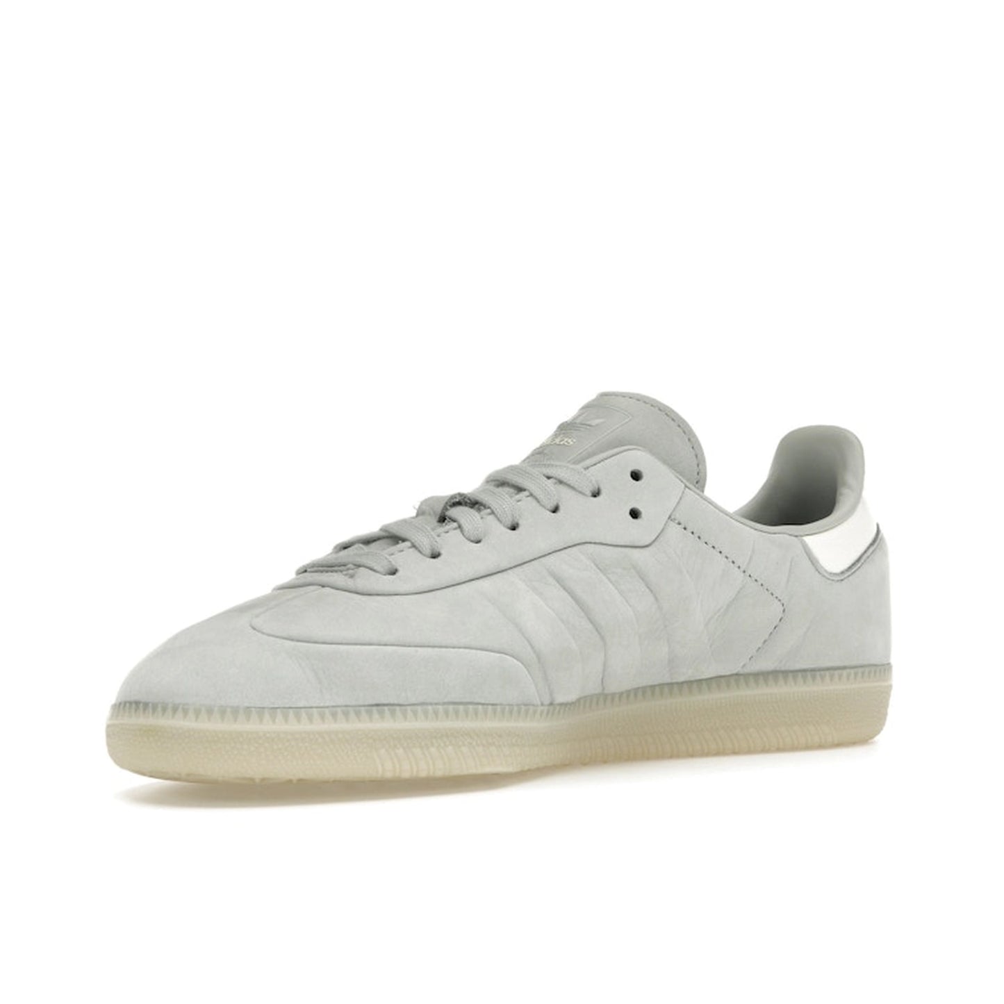 Adidas Samba Wonder Silver sneakers, front view, model IE4957, light silver with white and gum sole accents.