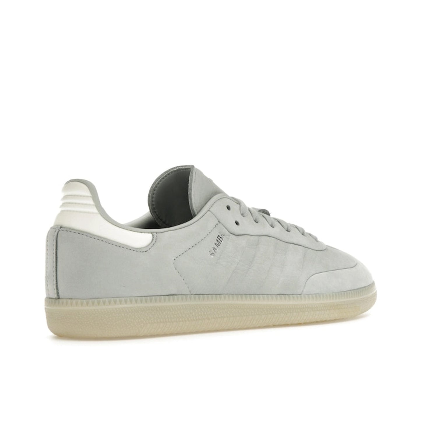Adidas Samba Wonder Silver sneakers, back view, model IE4957, light silver with white and gum sole accents.