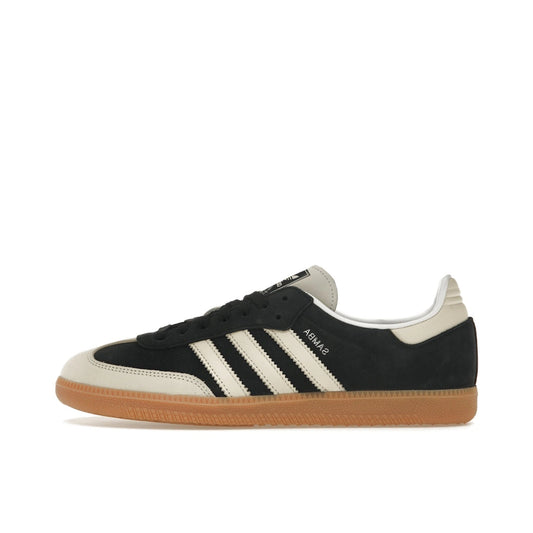 adidas Samba OG Women’s sneakers, side view, in black with white three stripes and tan sole.