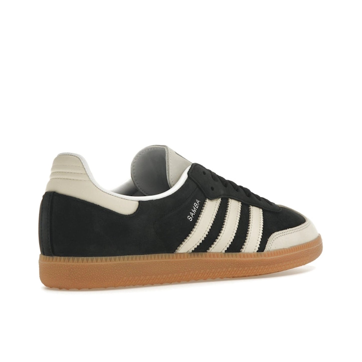 adidas Samba OG Women’s sneakers, back view, in black with white three stripes and tan sole.