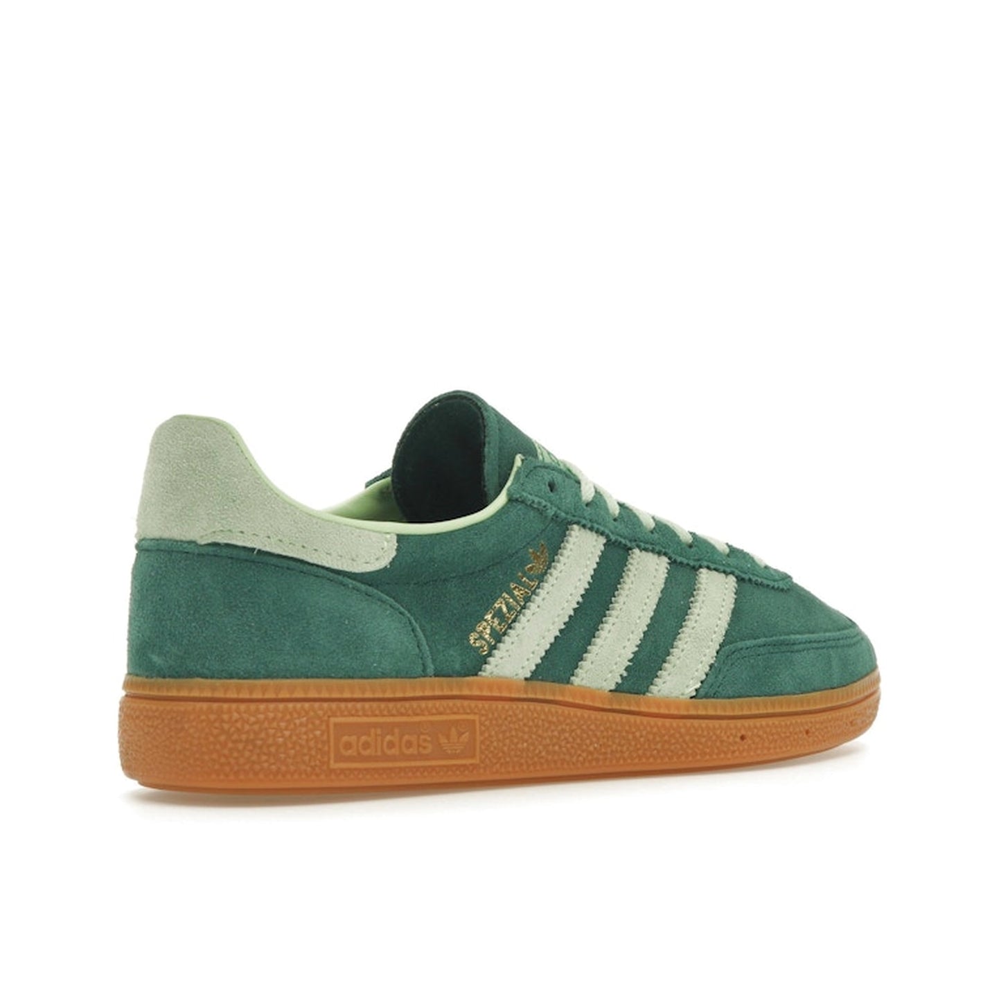 Adidas Handball Spezial Collegiate Green sneakers, back view, model IE5896, green with spark accents, gum sole.