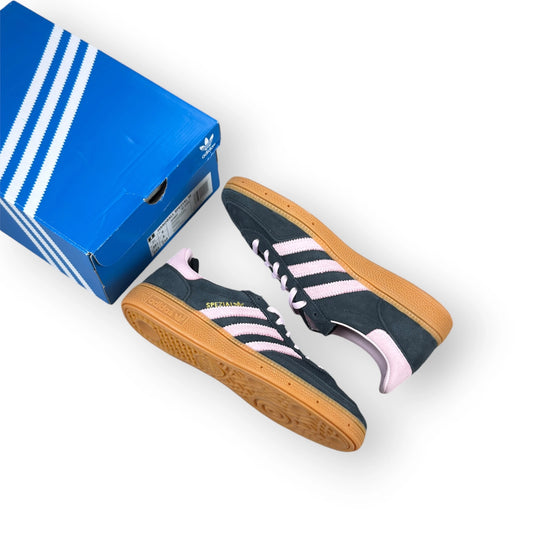 adidas Handball Spezial in black suede with pink 3-Stripes and vintage gum sole, women’s EU 39 1/3