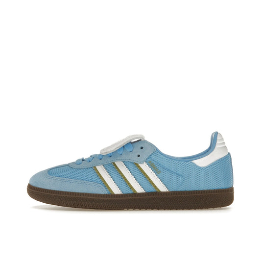 adidas Samba LT, side view, IE9170 in semi blue burst, blending suede and leather textures.