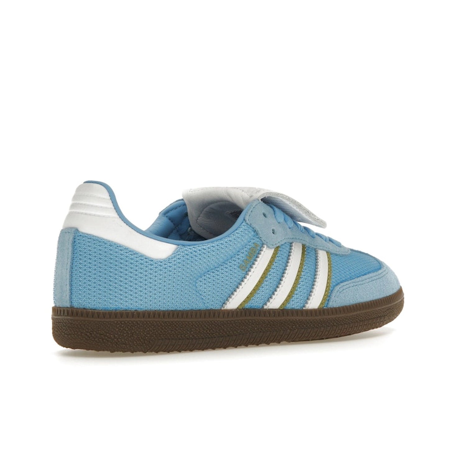 adidas Samba LT, back view, IE9170 in semi blue burst, blending suede and leather textures.