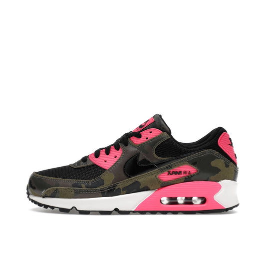 Nike Air Max 90 Camo Pack, side view, in Sequoia green with Hyper Pink accents.