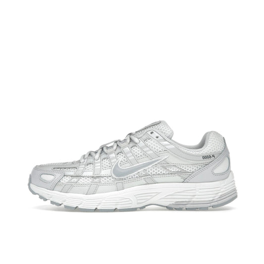 Nike P-6000 SE Summit White Vast Grey, side view, mesh and leather upper in soft greys and white.