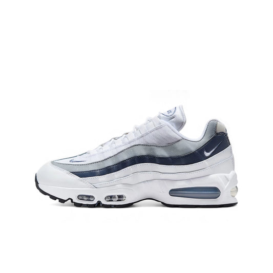 Nike Air Max 95 OG Diffused Blue IF2718-100, side view, in layered greys with bold blue accents.