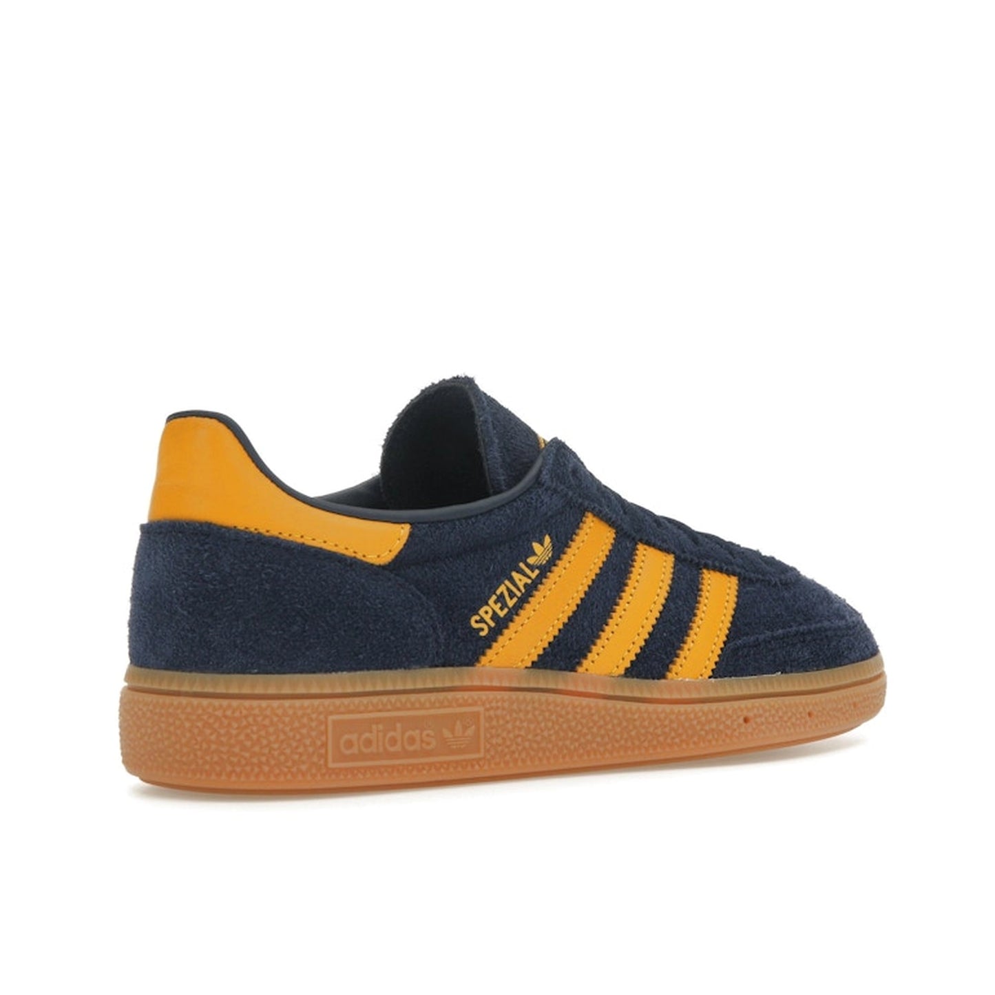 Adidas Handball Spezial sneakers, back view, model IF6565, in night indigo with yellow accents.