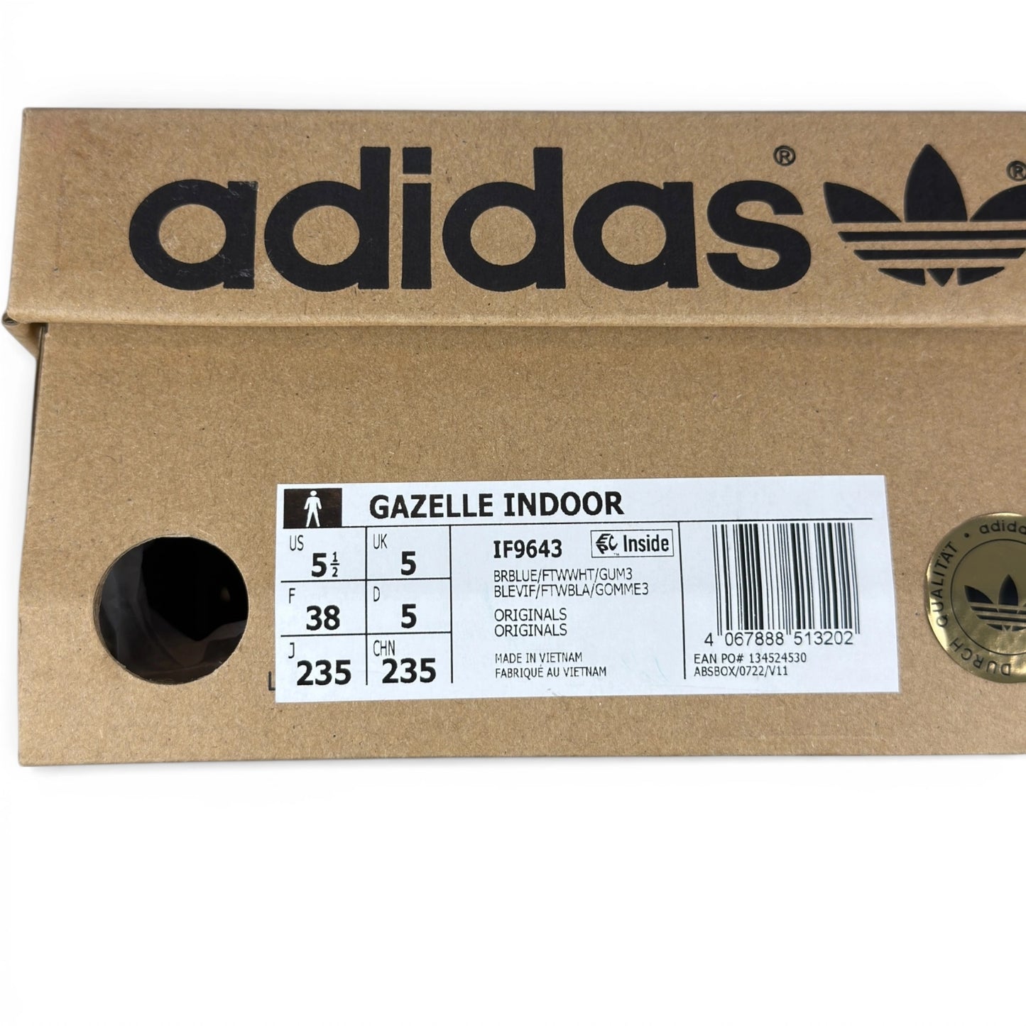 adidas Gazelle Indoor in Olympic Blue suede with white stripes and gum sole, EU 38, new with original box