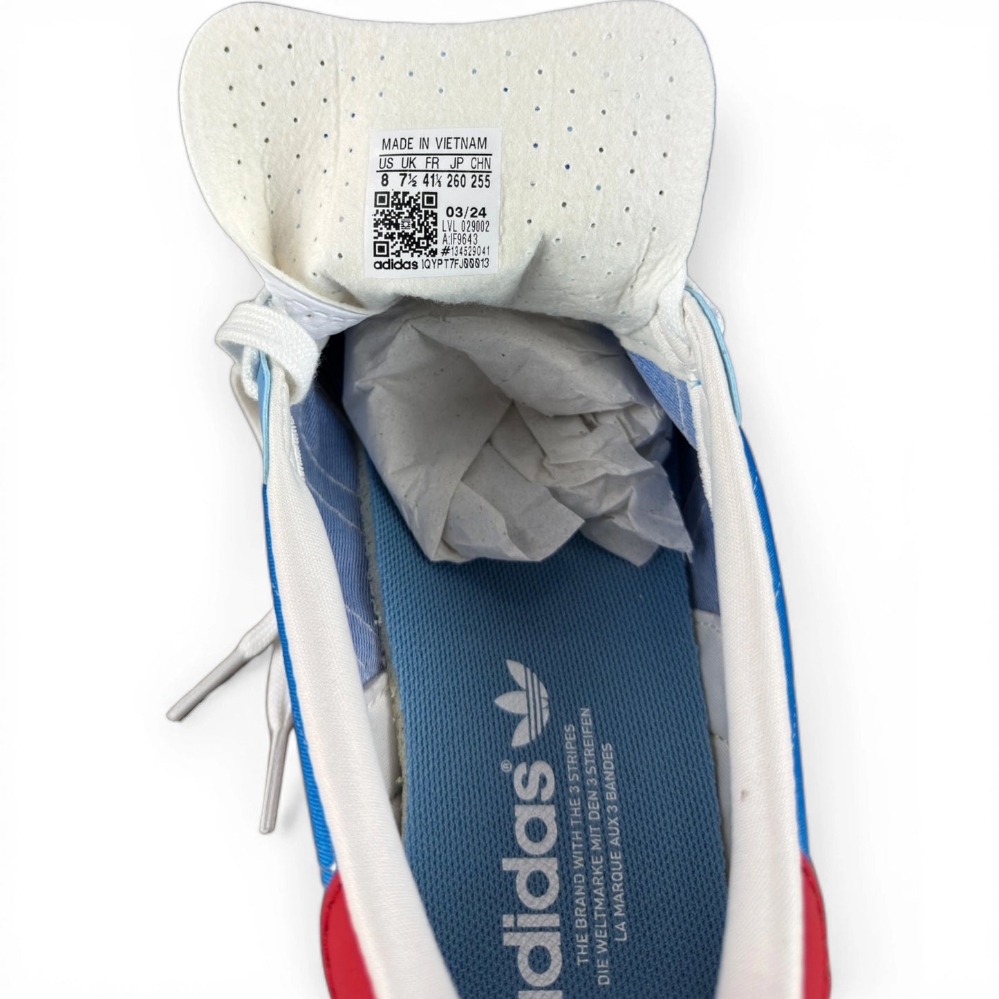 adidas Gazelle Indoor in Olympic Blue suede with white stripes and gum sole, EU 41 1/3, new with original box