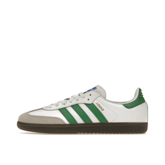 Adidas Samba OG white and green sneakers, side view, model IG1024, with white leather and green accents.