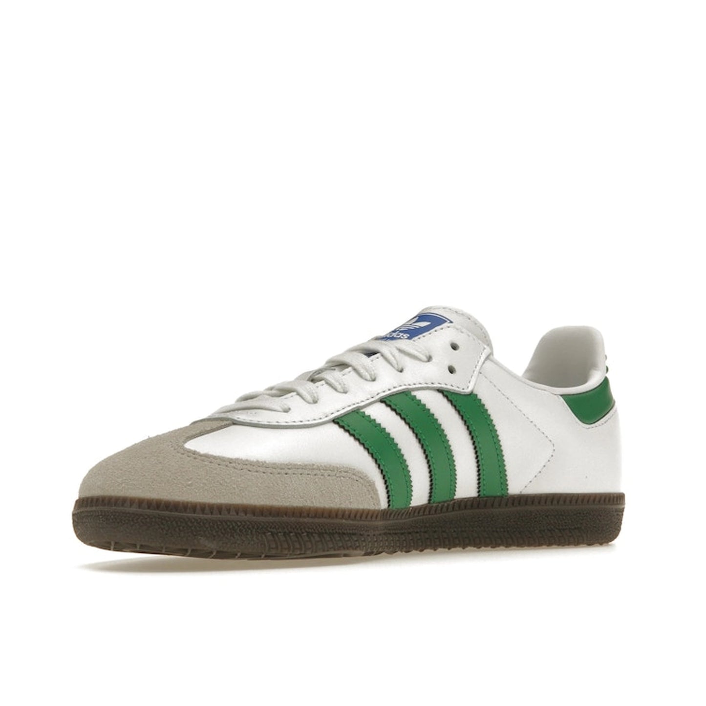 Adidas Samba OG white and green sneakers, front view, model IG1024, with white leather and green accents.